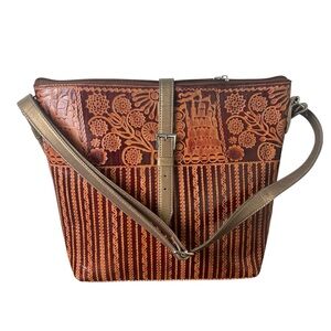 Vintage Tooled Leather Crossbody Bag Brown Embossed Floral Architectural Pattern